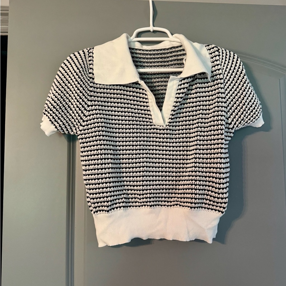 Black and White Striped Knit Polo Shirt
